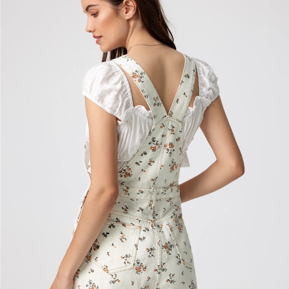 Set of Two-Floral Print Overalls-Ivory and Pink Floral